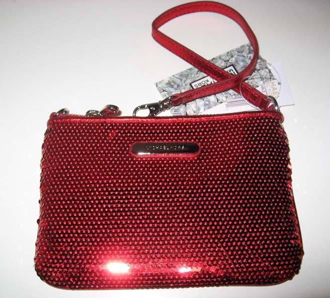 NWT MICHAEL KORS GIFTABLE RED MEDIUM LEATHER AND SEQUINS WRISTLET 