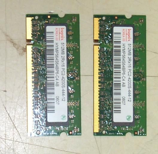 LAPTOP MEMORY 2X 512MB PC2 4200S 444 HYNIX 1GB TOTAL  