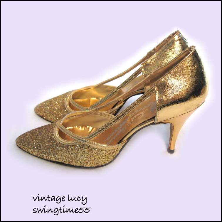 VINTAGE 50s GOLD BOMBSHELL DRESS PARTY SWING HEELS 6 7  