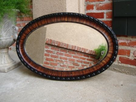 LARGE Antique English Beveled Oval Beveled Wall Mirror Tortoise Gesso 