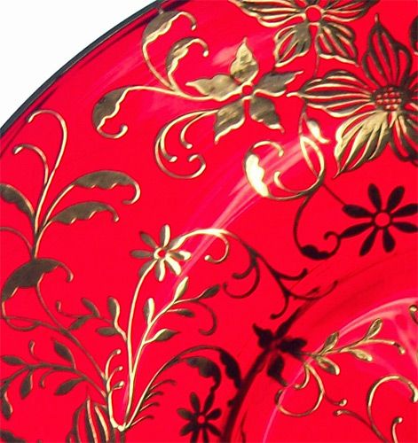 SILVER OVERLAY Antique RUBY RED GLASS PLATE Vintage Dish Charger 