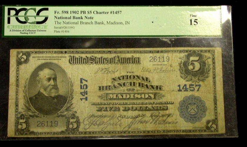   PLAIN BACK  THE NATIONAL BRANCH BANK  MADISON, INDIANA PCGS F15  #Y141