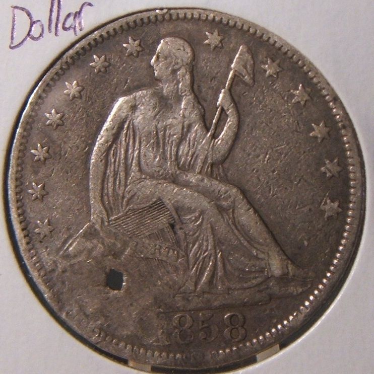 1858~~SEATED LIBERTY SILVER HALF $~~F VF~~TOUGH DATE~~HOLED  