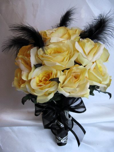 17pc Bouquet wedding flowers YELLOW /BLACK FEATHERS  