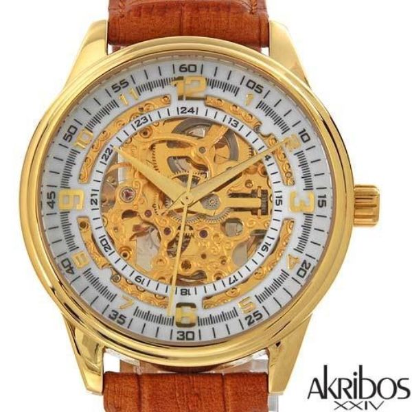 Akribos XXIV Mens AK410YG Saturnos Skeleton Automatic Gold Watch 