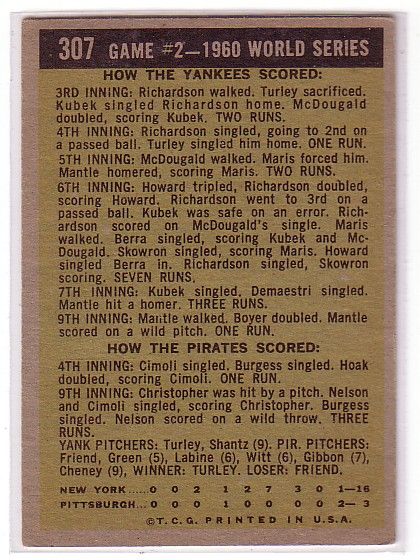 XWT 1961 TOPPS MANTLE SLAMS 2 HOMERS #307 YANKEES HBV $80 GOOD/VERY 