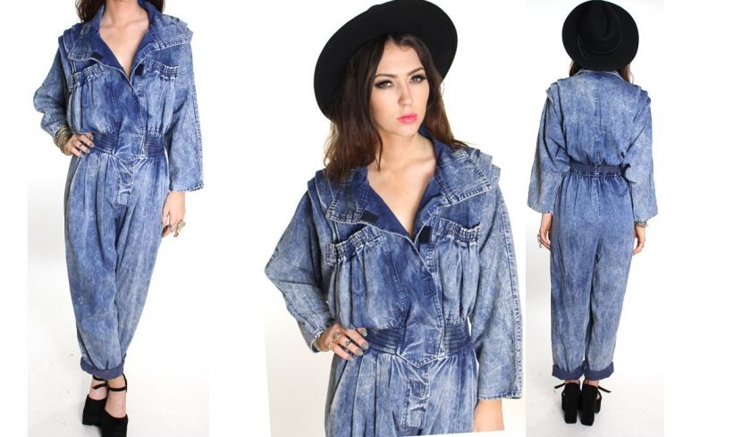 Vintage 80s acid/stone wash denim futuristic jumpsuit featuring 