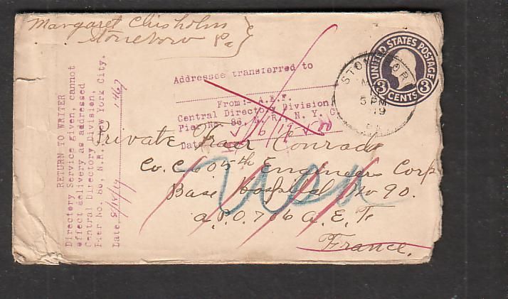 WWI cover Stoneboro PA  APO 706 hospital return to US  