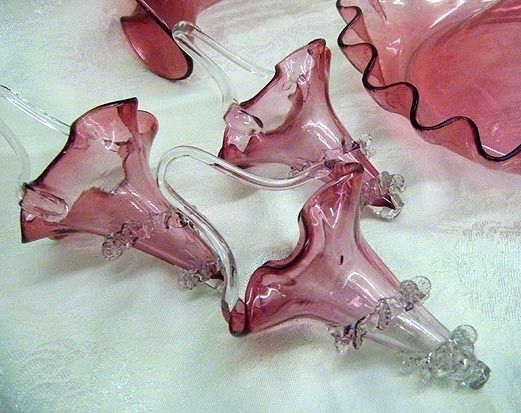   Cranberry Blown Glass Epergne Hanging Baskets Applied Decoration WOW