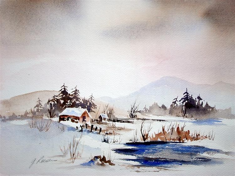 Original Watercolor by G. Roeson   Snow Landscape  