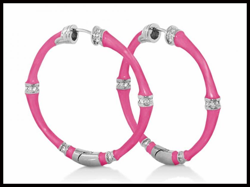   ADAMS [USA] Bamboo Rhodium, Enamel & CZ Stones Hoop Earrings E 59100