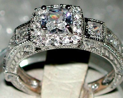 ANTIQUED LADIES CZ WEDDING ENGAGEMENT 2 RING SET Sz 8  