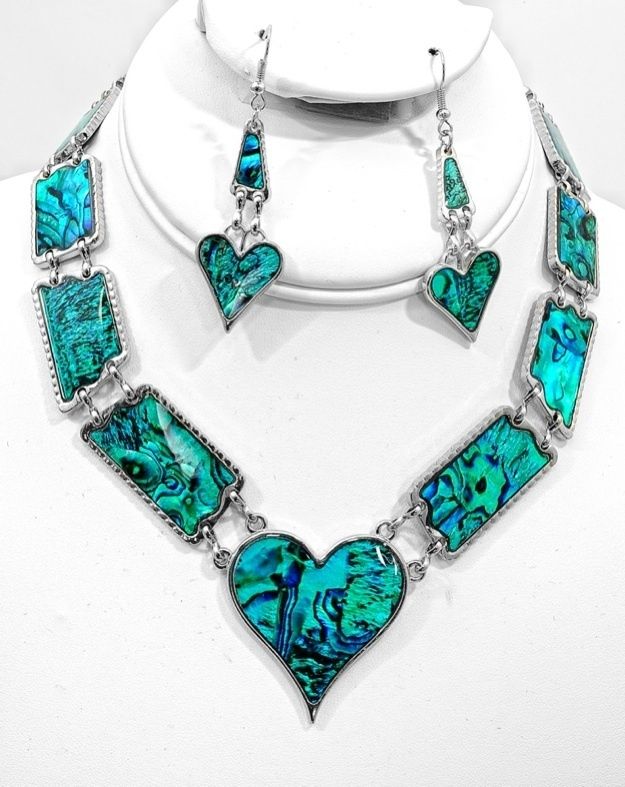   of Hearts Green Abalone Paua Silver Heart Necklace and Earrings  