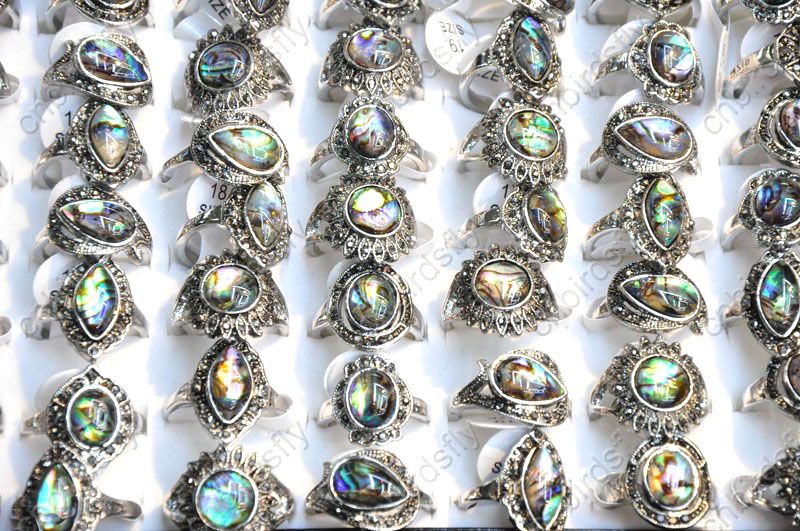 Wholesale lot 25 abalone shell & black CZ vintage Rings  