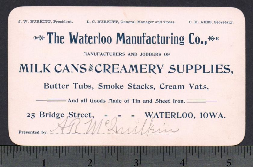 Waterloo Mfg IA Milk Can Creamery Supplies Burkitt CARD  