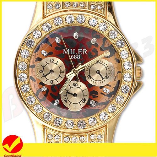 Crystal Decor Leopard Leather Quartz Ladies Wrist Watch  