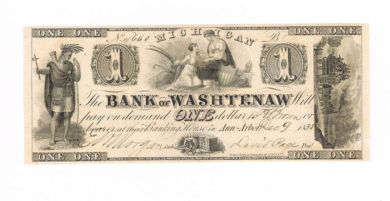 Bank Of Washtenaw 1835 One Dollar Note CU Liberty Ceres  