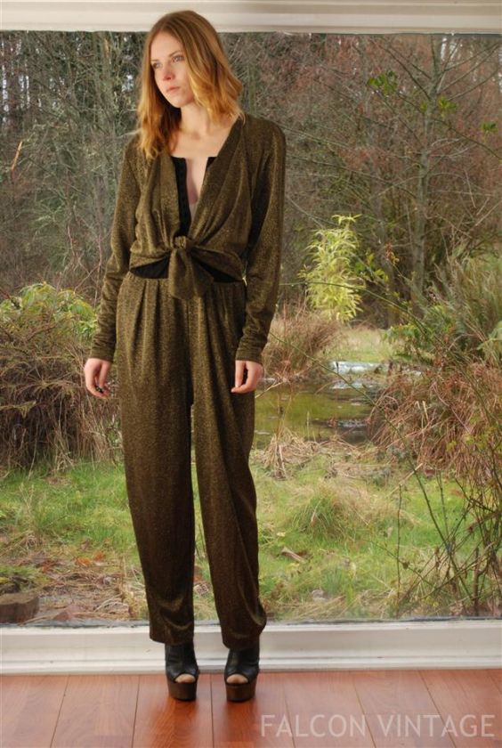   Gold Plunging Deep V Jumpsuit Disco Pantsuit Glam Medium Large  