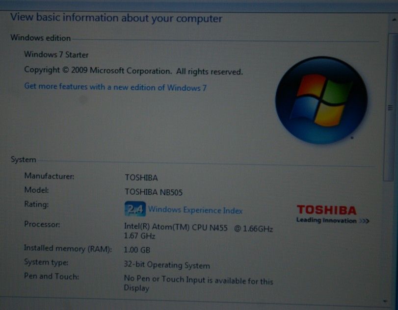 TOSHIBA MINI NB505 BLUE LAPTOP NETBOOK WINDOWS 7 STARTER 1GB 1.66 GHZ 