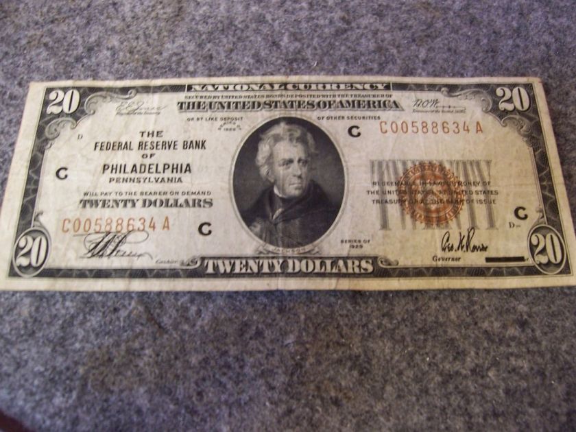 1929 FEDERAL RESERVE BANK OF PHILADELPHIA TWENTY DOLLAR NOTE  