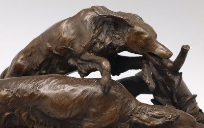 Two Setter Dogs Chasing after a Wild Goose   Hunting Bronze   Signed 