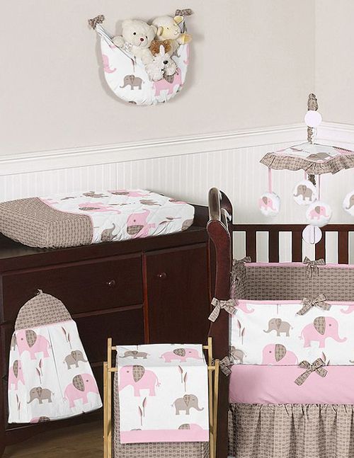 UNIQUE DISCOUNT PINK AND BROWN MOD ELEPHANT DESIGNER GIRL BABY BEDDING 