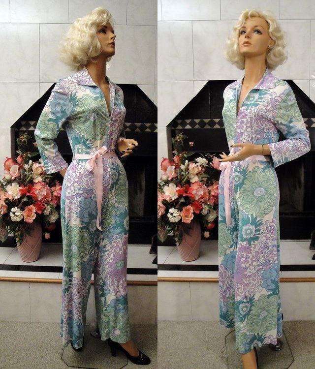 Vtg 60s MOD Floral OP ART Jersey Nylon Maxi Jumpsuit M  