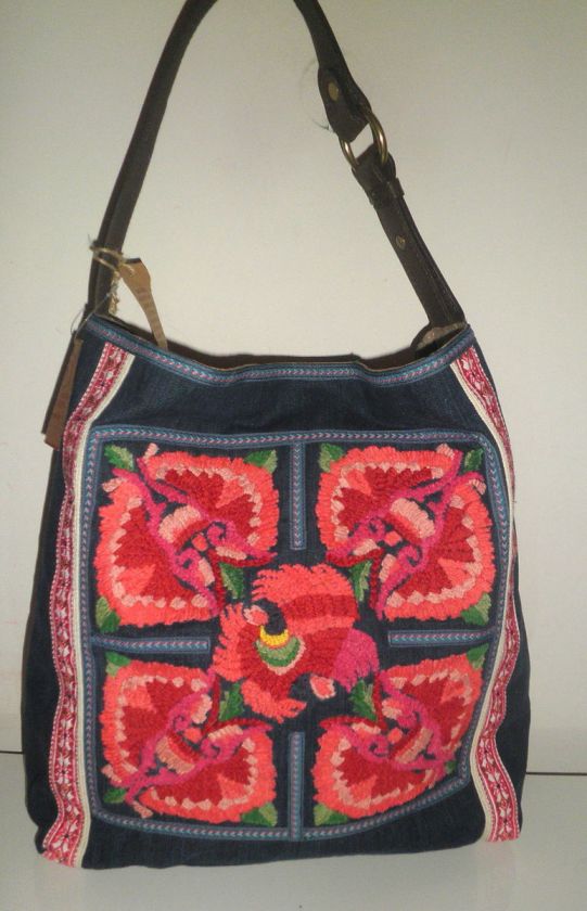 LUCKY BRAND HANDBAG FLORAL EMBROIDERED WASHED DENIM LARGE BUCKET HOBO 