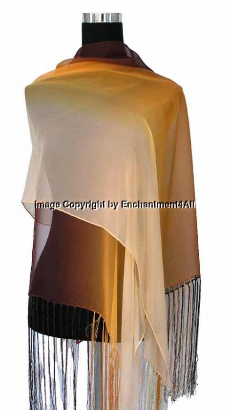 Shaded Pure Silk Oblong Shawl Wrap, Brown/Orange/Peach  