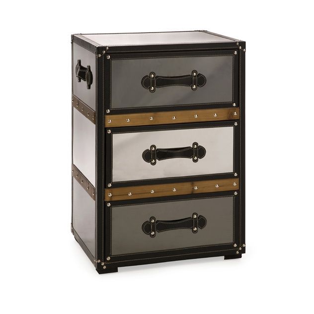 Steamer 3 Drawer Trunk Chest Brushed Steel Leather  
