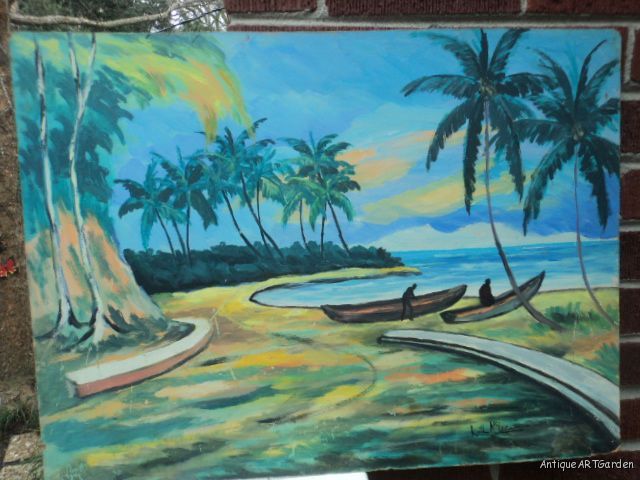 VINTAGE Tropical Island Hawaii ? Palm TREES Ocean Original Oil Signed 