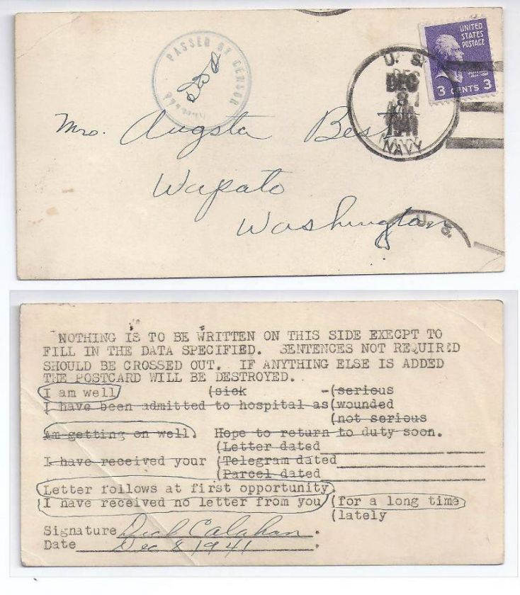 WWII PREXIE US Navy DEC 8 1941 PEARL HARBOR HAWAII I AM WELL 