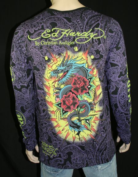 ED Hardy Mens shirt allover print DAGGER SKULL DRAGON  