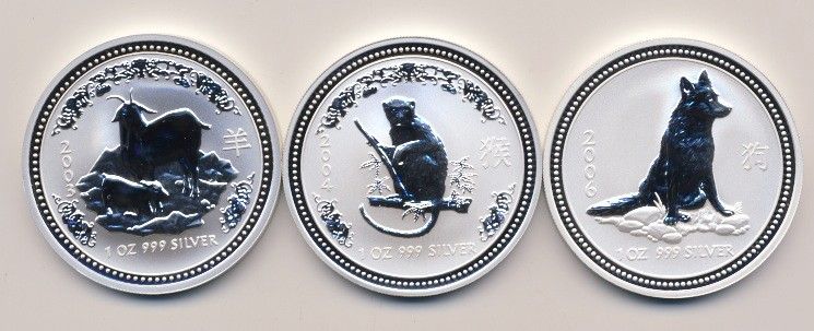 Lot Australia Lunar .999 Silver Dog Monkey Goat 2003, 2004, 2006 .01 