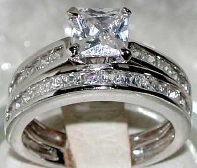 1ct PRINCESS CZ WEDDING ENGAGEMENT 2 RING SET SIZE 7  