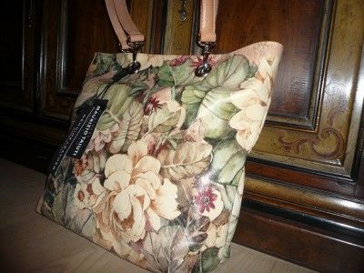   leather vintage cream painted flower purse tote bag Saks$400  