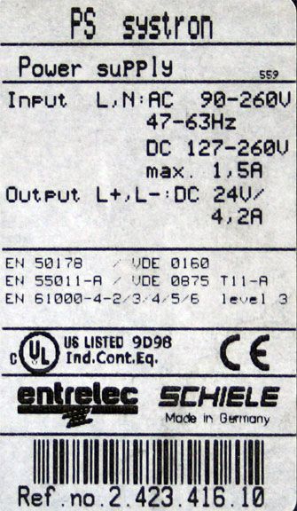 Schiele Entrelec PS Systron Power Supply 24V, 4.2 Amps  