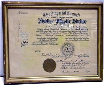 1951 FRAMED CERTIFICATE NOBLES MYSTIC SHRINE SHRINER  