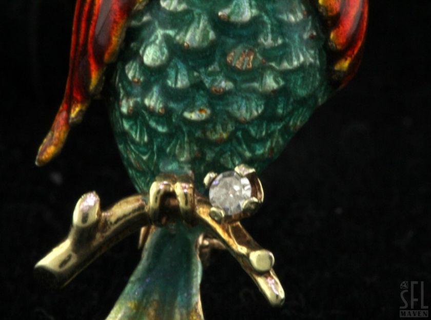   ADORABLE DIAMOND/RUBY RED/GREEN/YELLOW ENAMEL PARROT BIRD PIN/BROOCH