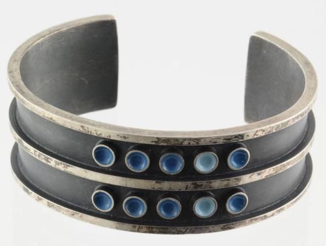 Sterling Silver and Blue Enamel Circles Heavy Cuff Bracelet 42.1 Grams 