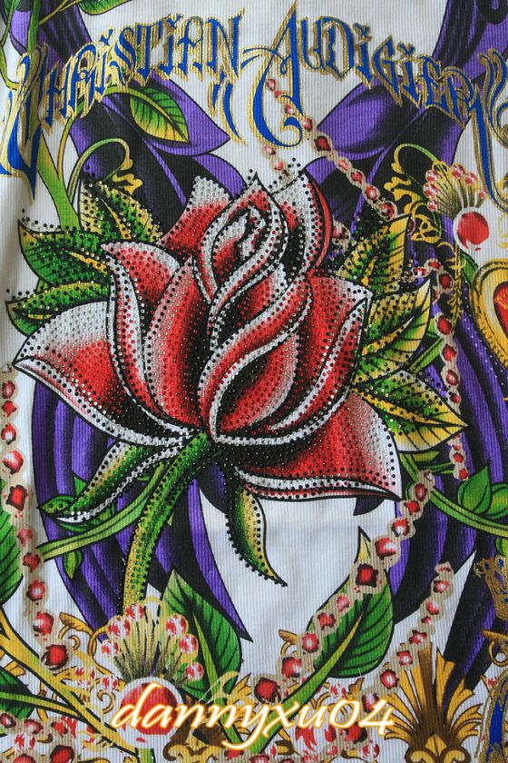 Christian Audigier WHITE Womans Rose LONG TANK TOP NWT  