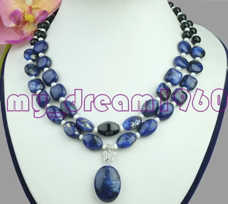 STRANDS PEARL&BLACK ONYX&LAPIS LAZULI BEADS NECKLACE  