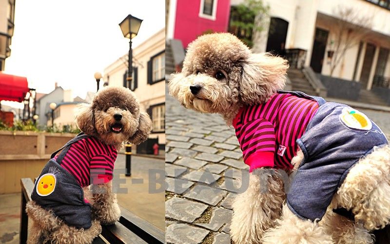 Black Pink Stripe Pet Dog Clothes Apparel Jeans Pants Overalls Outfits 