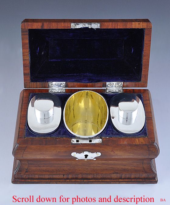 1750 ENGLISH TEA BOX & ORIGINAL SILVERPLATE TEA CADDIES  