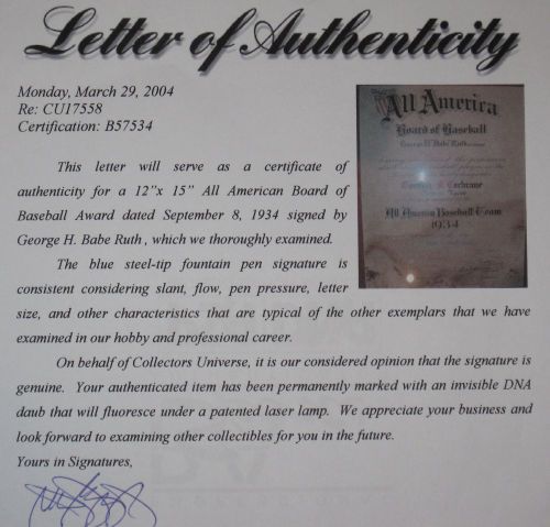 Babe Ruth AUTOGRAPH 1934 Certificate display PSA JSA  