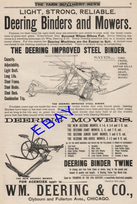 LARGE 1893 WILLIAM DEERING BINDER & MOWER AD CHICAGO IL  