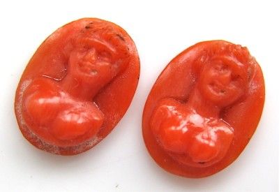 Fine ANTIQUE 1800s Pair of Unmounted Carved CORAL Cameos ~  