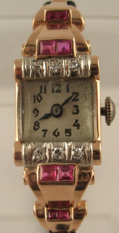 Stunning Vintage Colomby Ruby Diamond 14k Rose Gold 17J Watch  