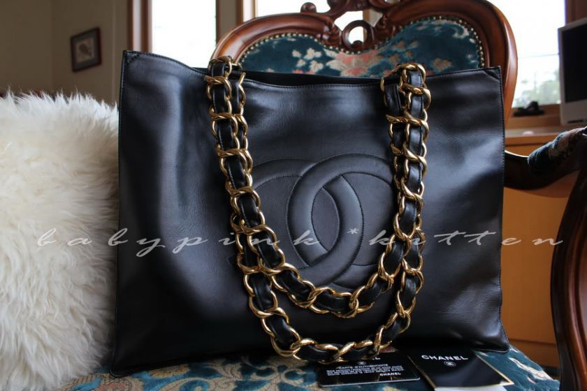 CHANEL BLACK VINTAGE XL JUMBO SHOULDER TOTE BAG GOLD HW  