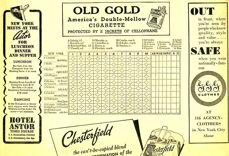 JOE DiMAGGIO SCORECARD 1939 NEW YORK YANKEES vs. BOSTON RED SOX JIMMIE 